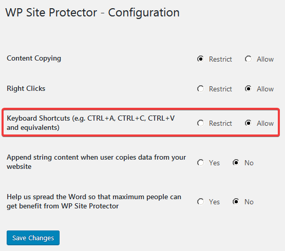 Страница настроек плагина WP Site Protector