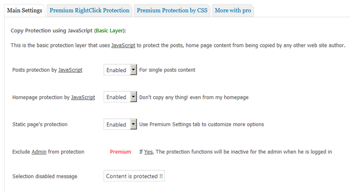 Страница настроек плагина WP Content Copy Protection