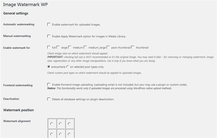 Страница настроек плагина Image Watermark WP