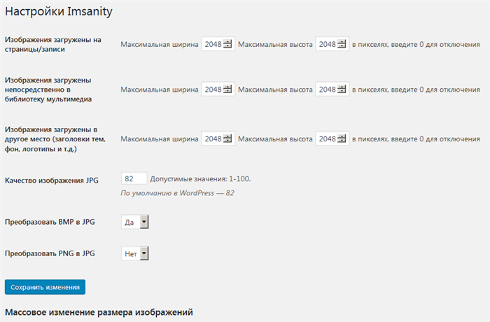 Страница настроек плагина Imsanity