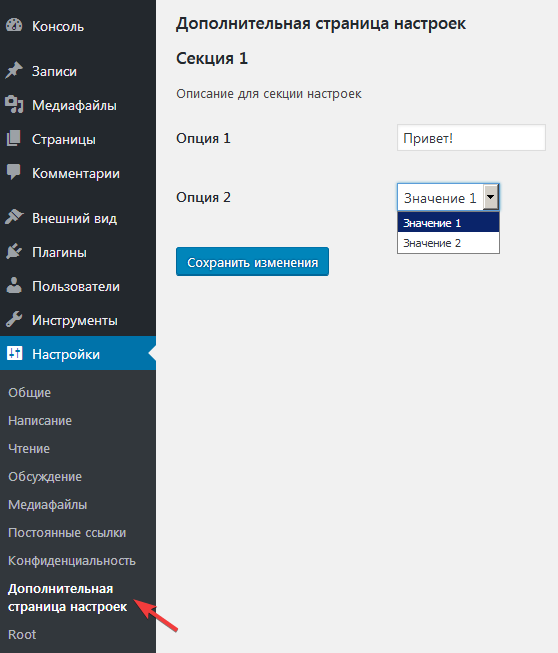 Дополнительная страница настроек