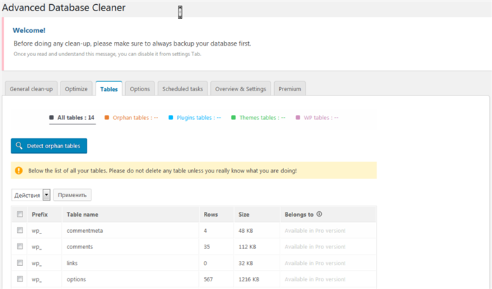 Страница настроек плагина Advanced Database Cleaner