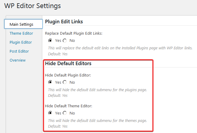 Вкладка Main Settings на странице WP Editor