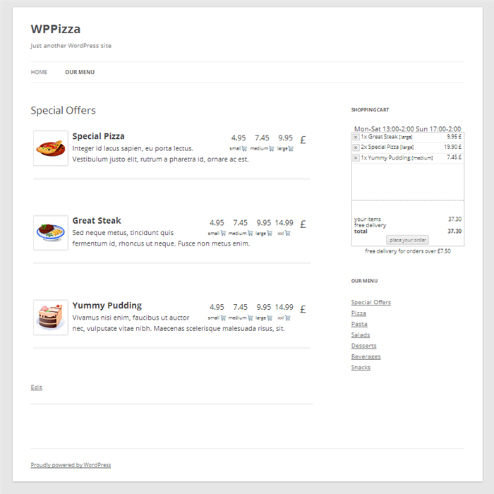 Пример работы плагина WPPizza