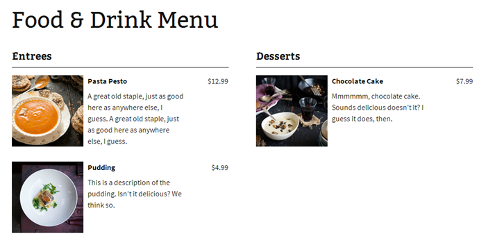 Пример работы плагина Food and Drink Menu