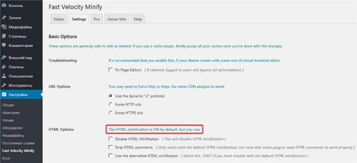 Настройки плагина Fast Velocity Minify