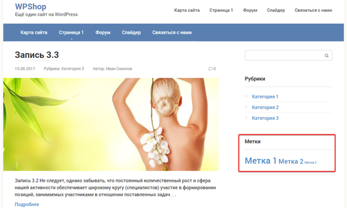 Добавленный виджет тегов на сайте